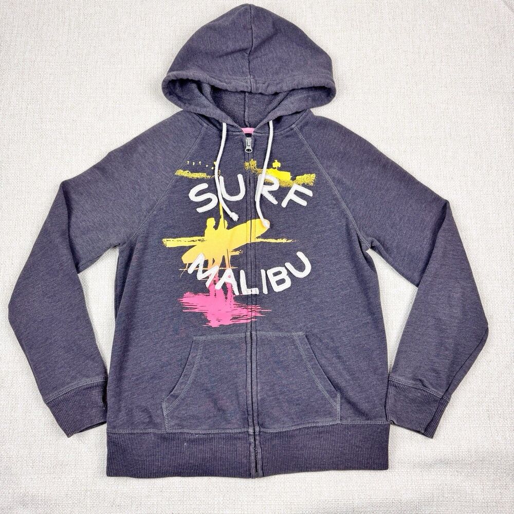 Old Navy Hoodie Size Medium Womens Full Zip Gray Y2K Surf Malibu Graphic